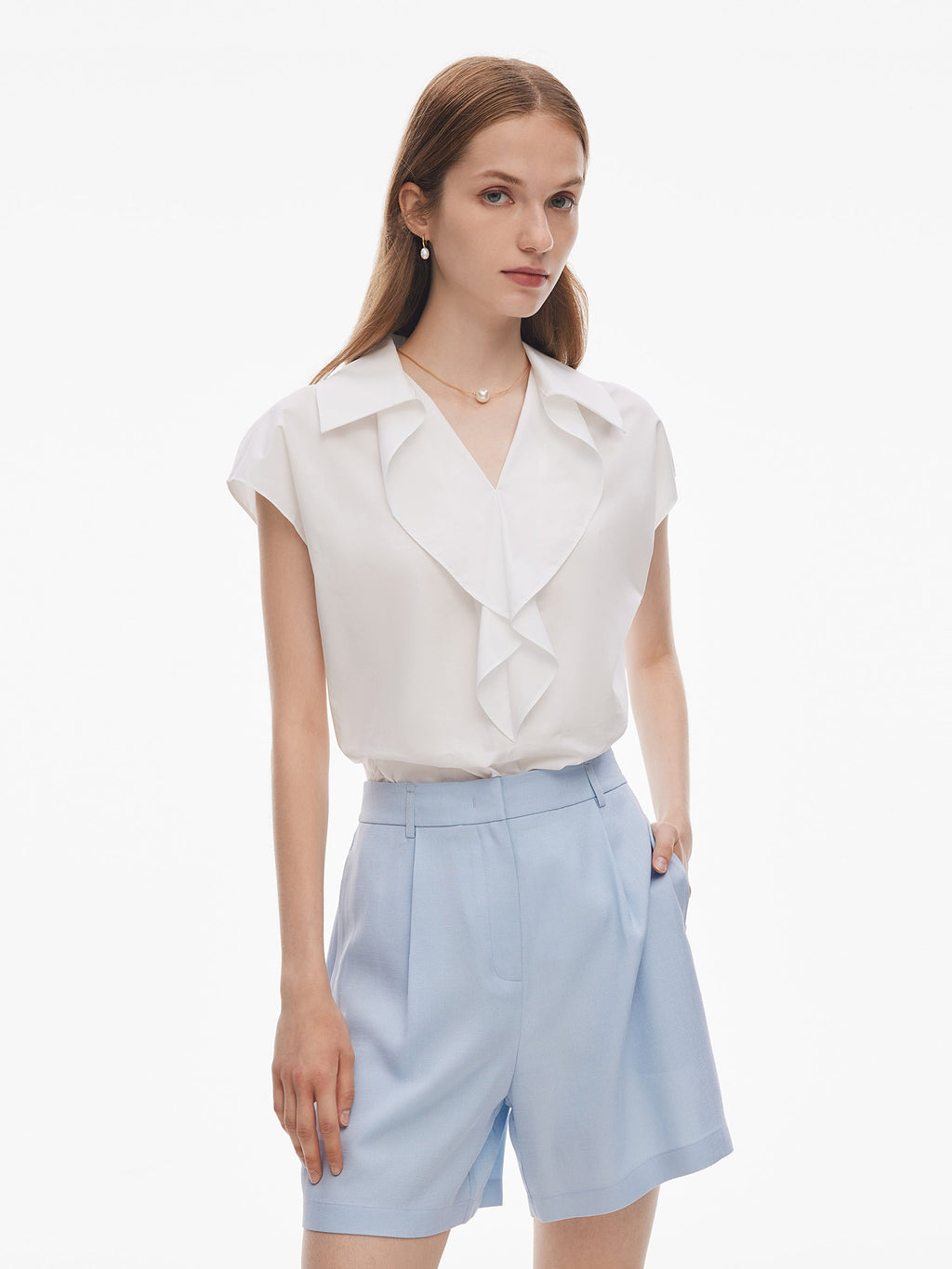 100% Cotton Ruffle Trim Women Blouse