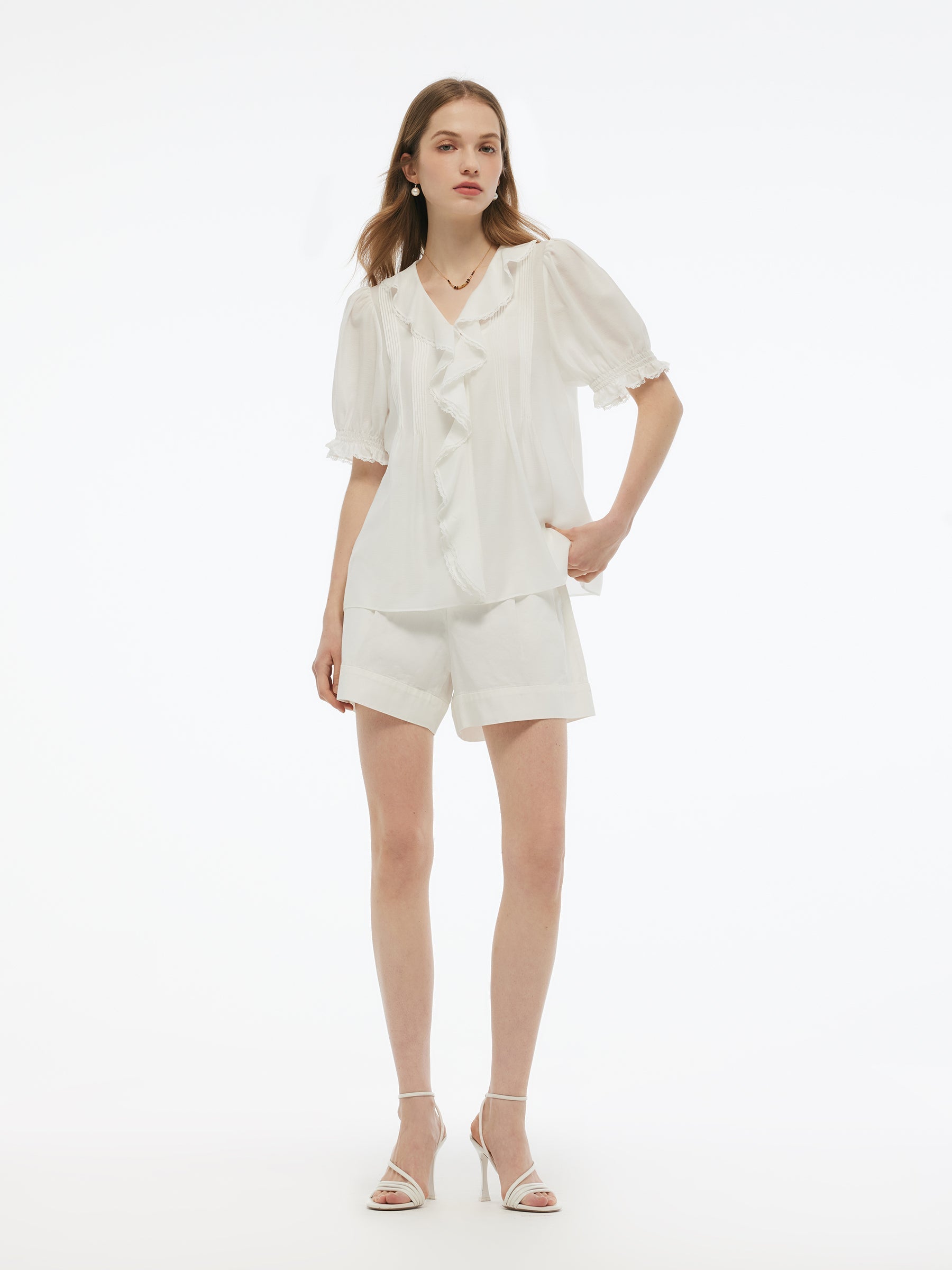 Acetate Blend Ruffle V-Neck Women Blouse