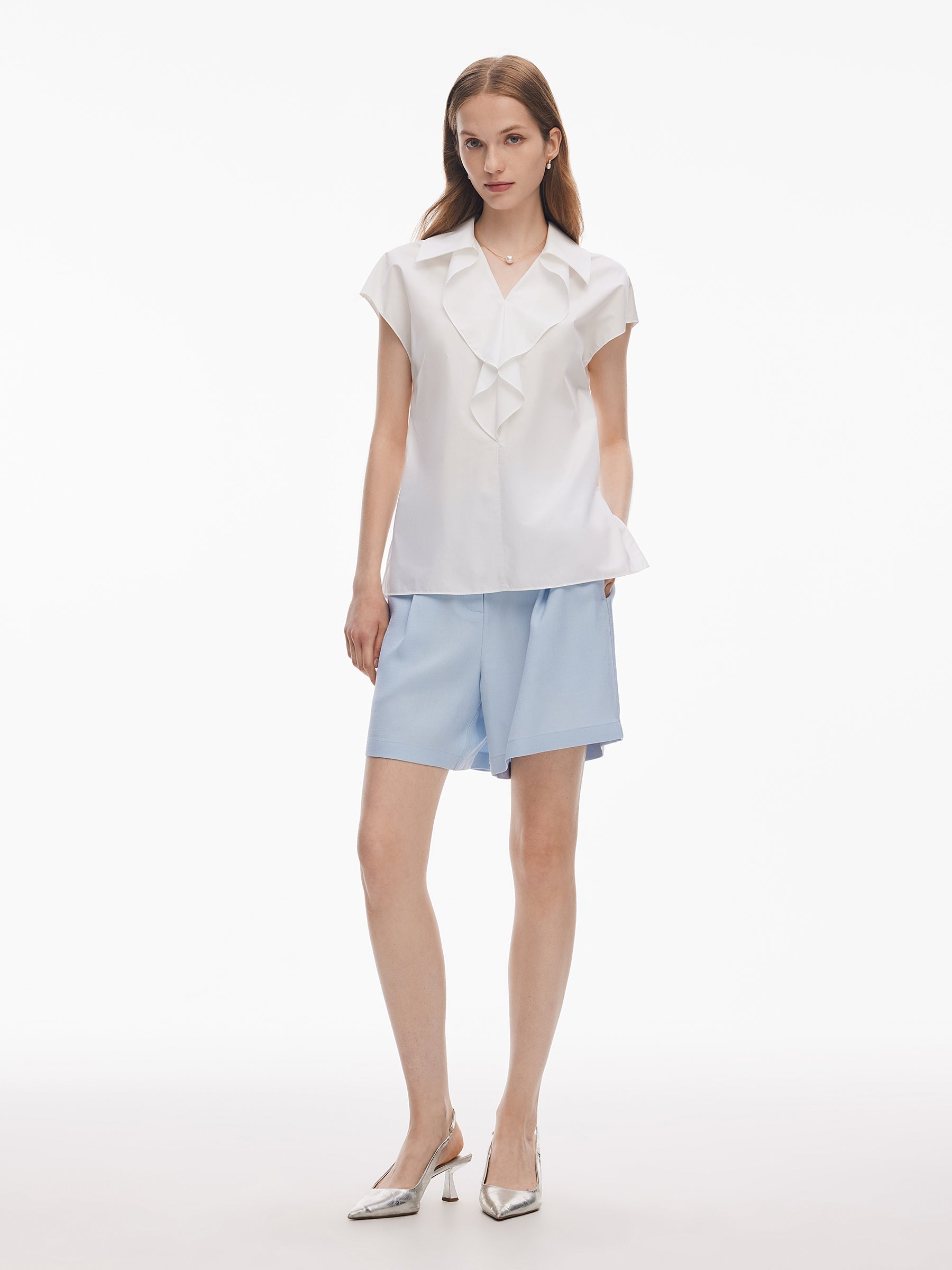 100% Cotton Ruffle Trim Women Blouse