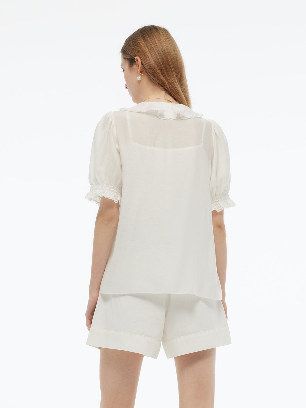 Acetate Blend Ruffle V-Neck Women Blouse