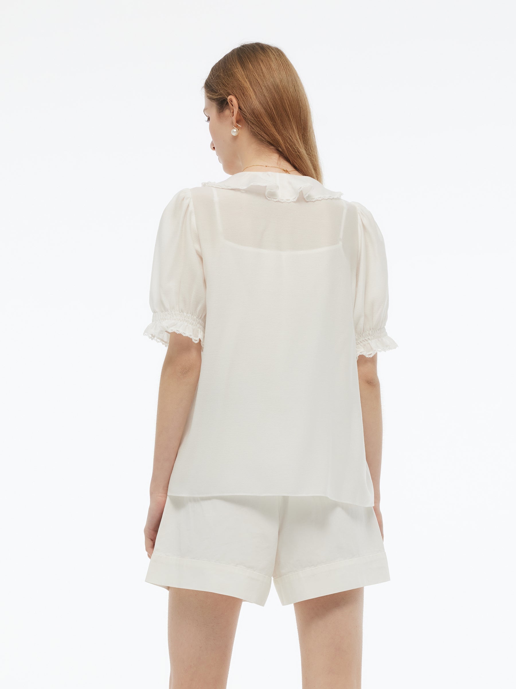 Acetate Blend Ruffle V-Neck Women Blouse