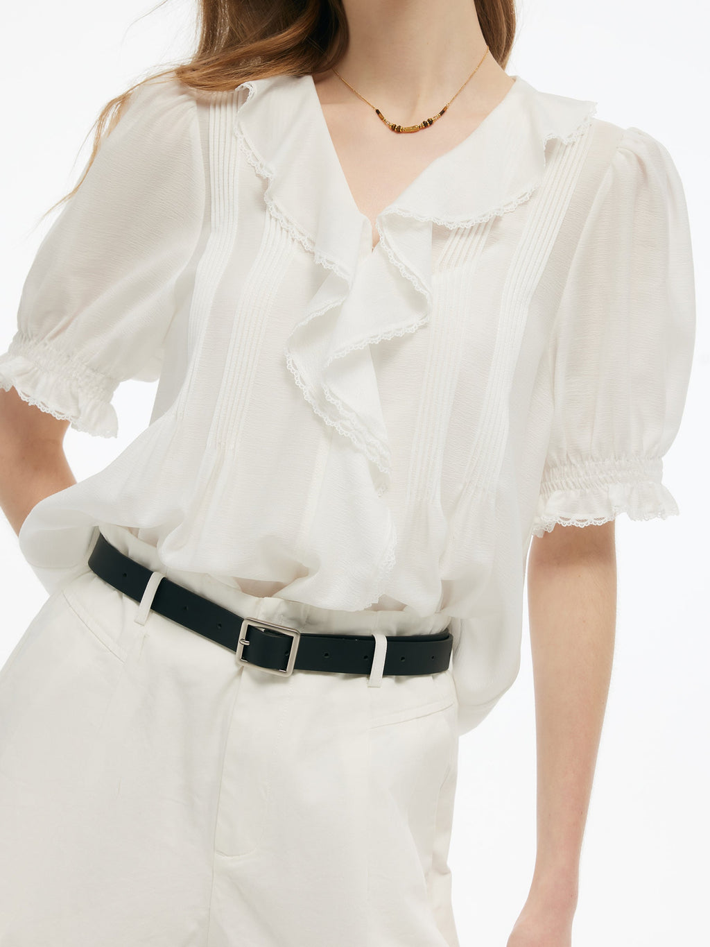 Acetate Blend Ruffle V-Neck Women Blouse