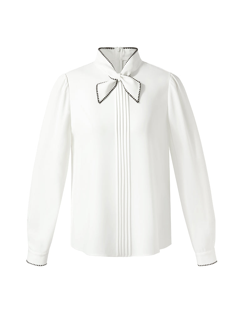Acetate Contrast Bow Pleat Front Women Shirt