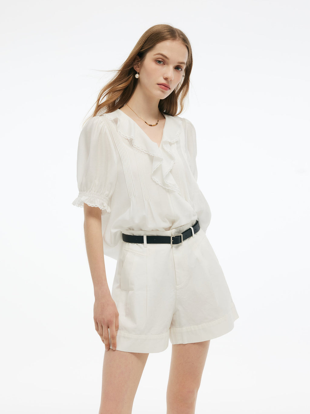 Acetate Blend Ruffle V-Neck Women Blouse