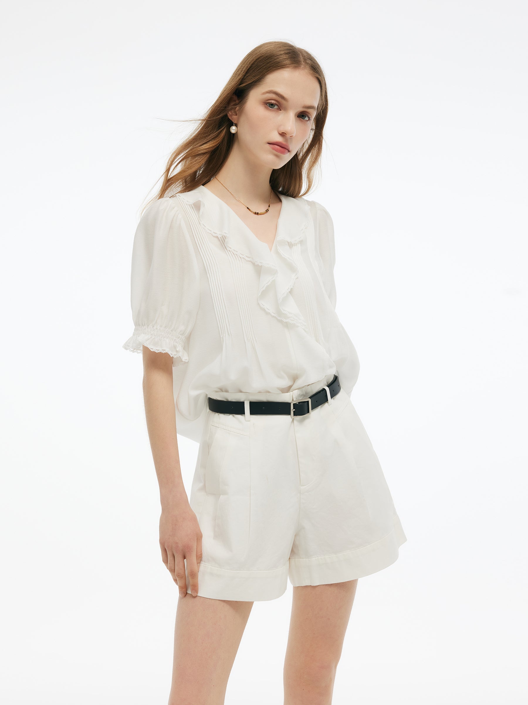 Acetate Blend Ruffle V-Neck Women Blouse