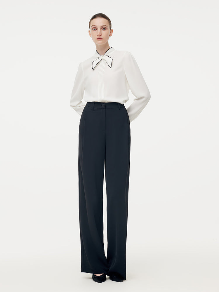Acetate Contrast Bow Pleat Front Women Shirt