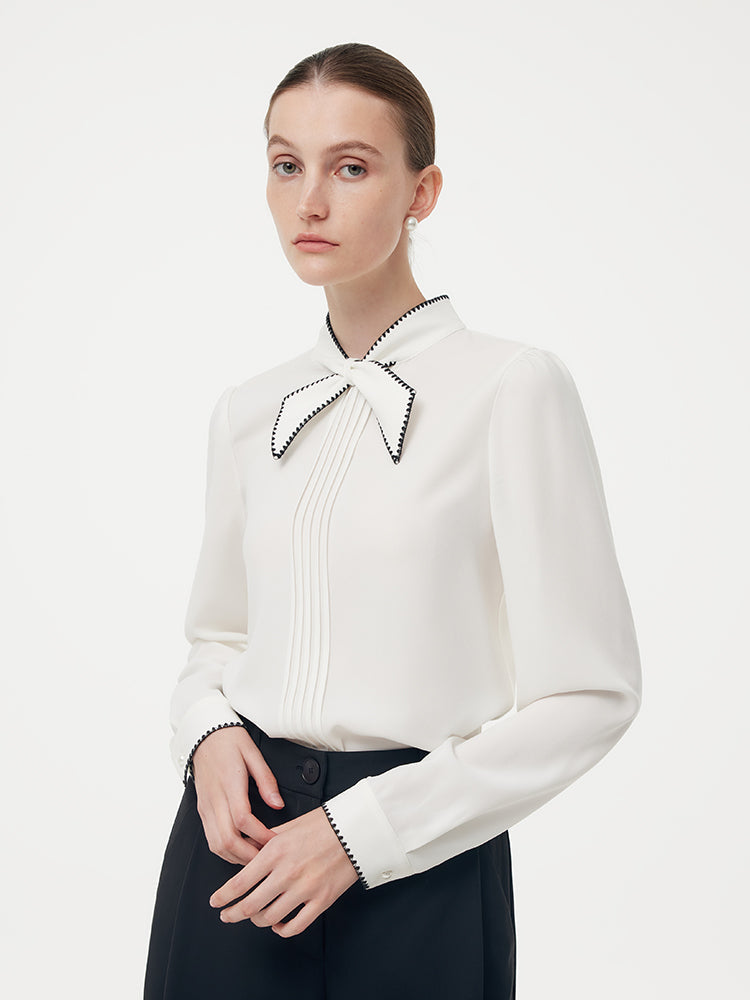 Acetate Contrast Bow Pleat Front Women Shirt
