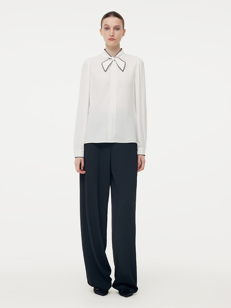 Acetate Contrast Bow Pleat Front Women Shirt
