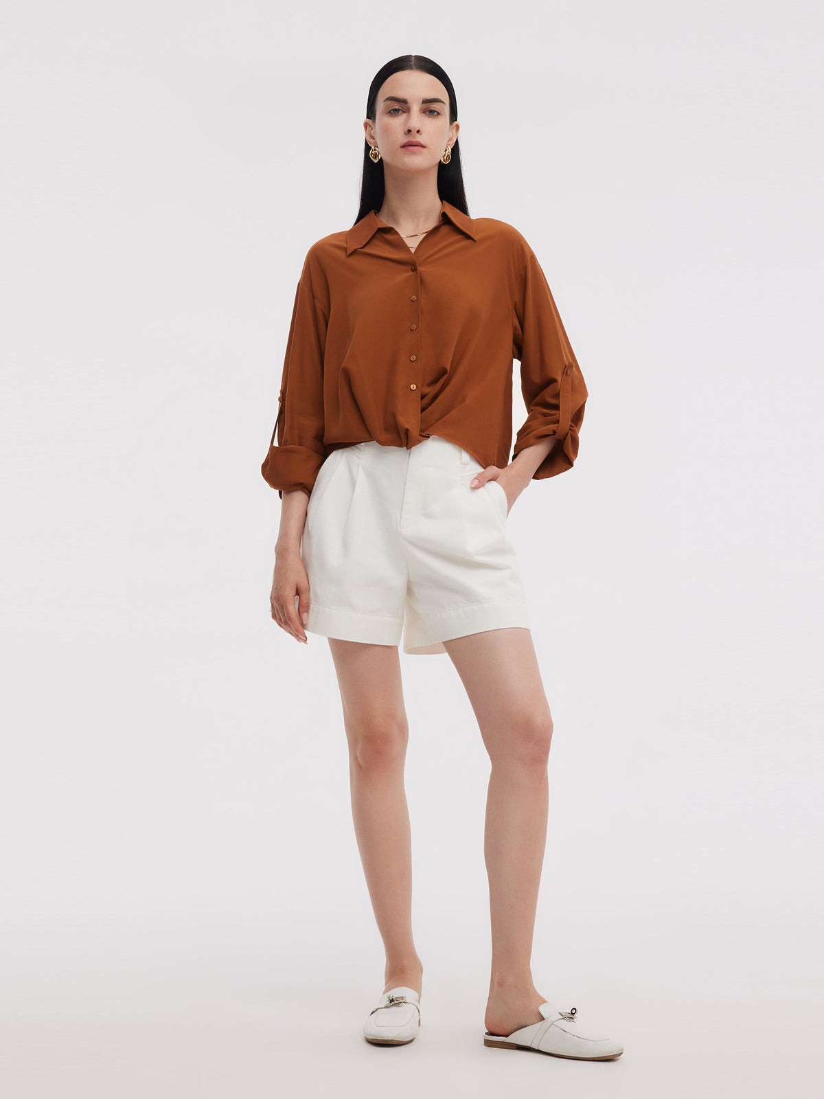 Tencel Acetate Blend Women Adjustable Sleeves Shirt