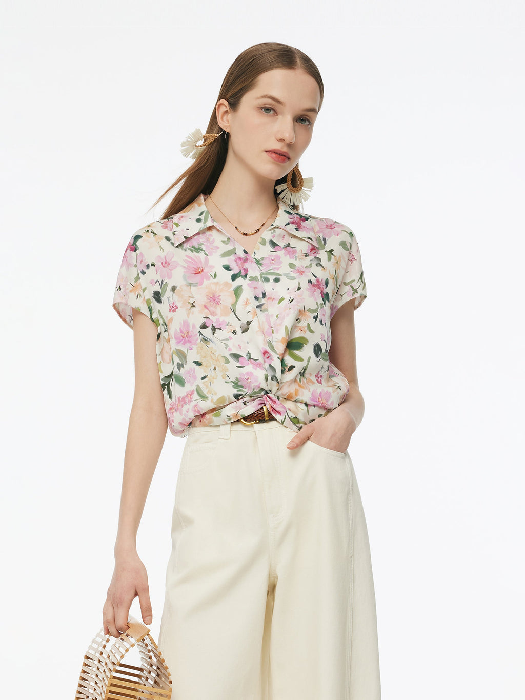 19MM Mulberry Silk Floral Print Women Twist Front Blouse