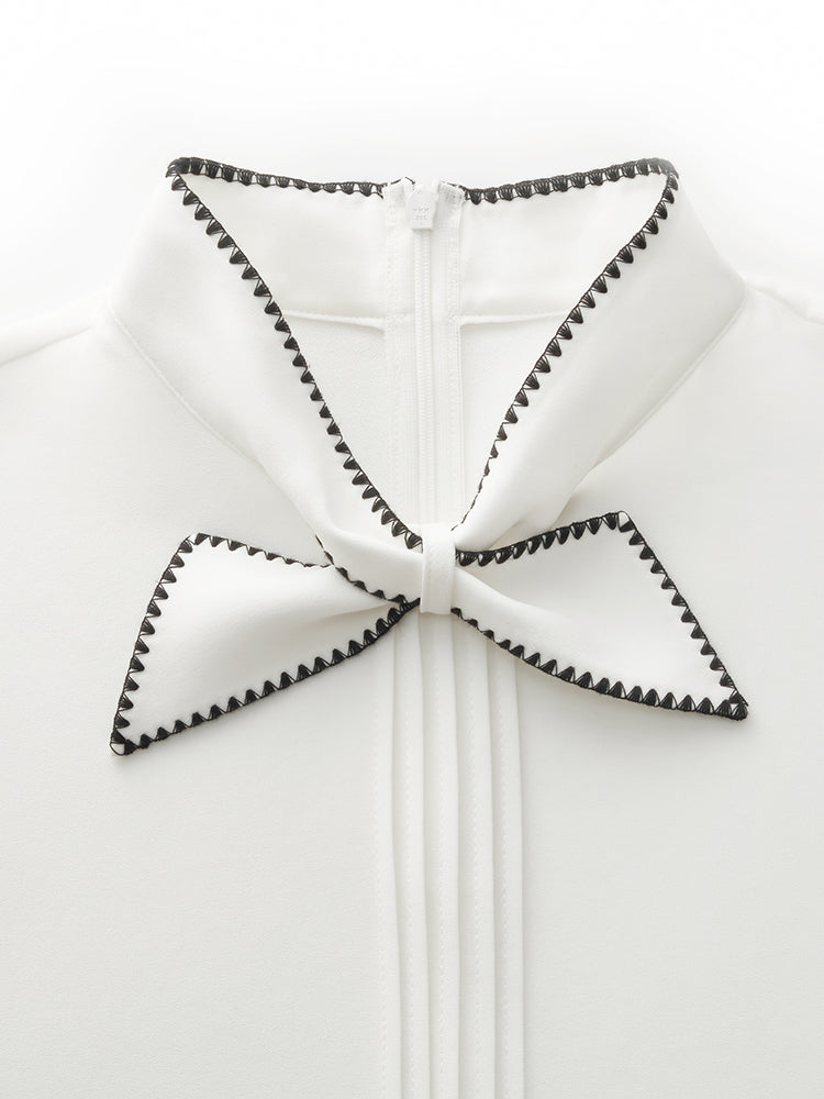 Acetate Contrast Bow Pleat Front Women Shirt