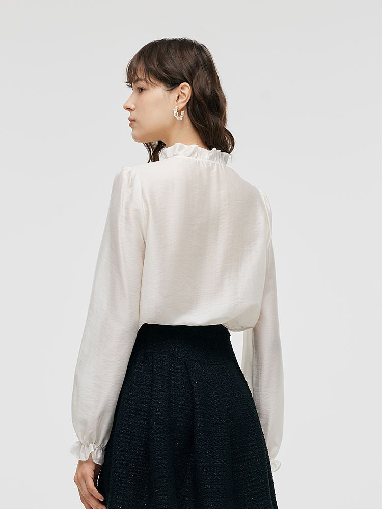 Tencel Ruffle Neck Women Shirt