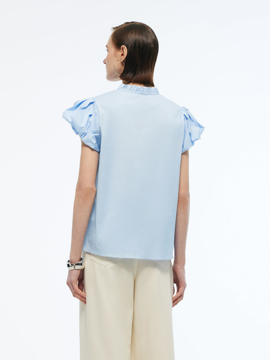 Ruffle Collar V-Neck Women Puff Sleeve Blouse