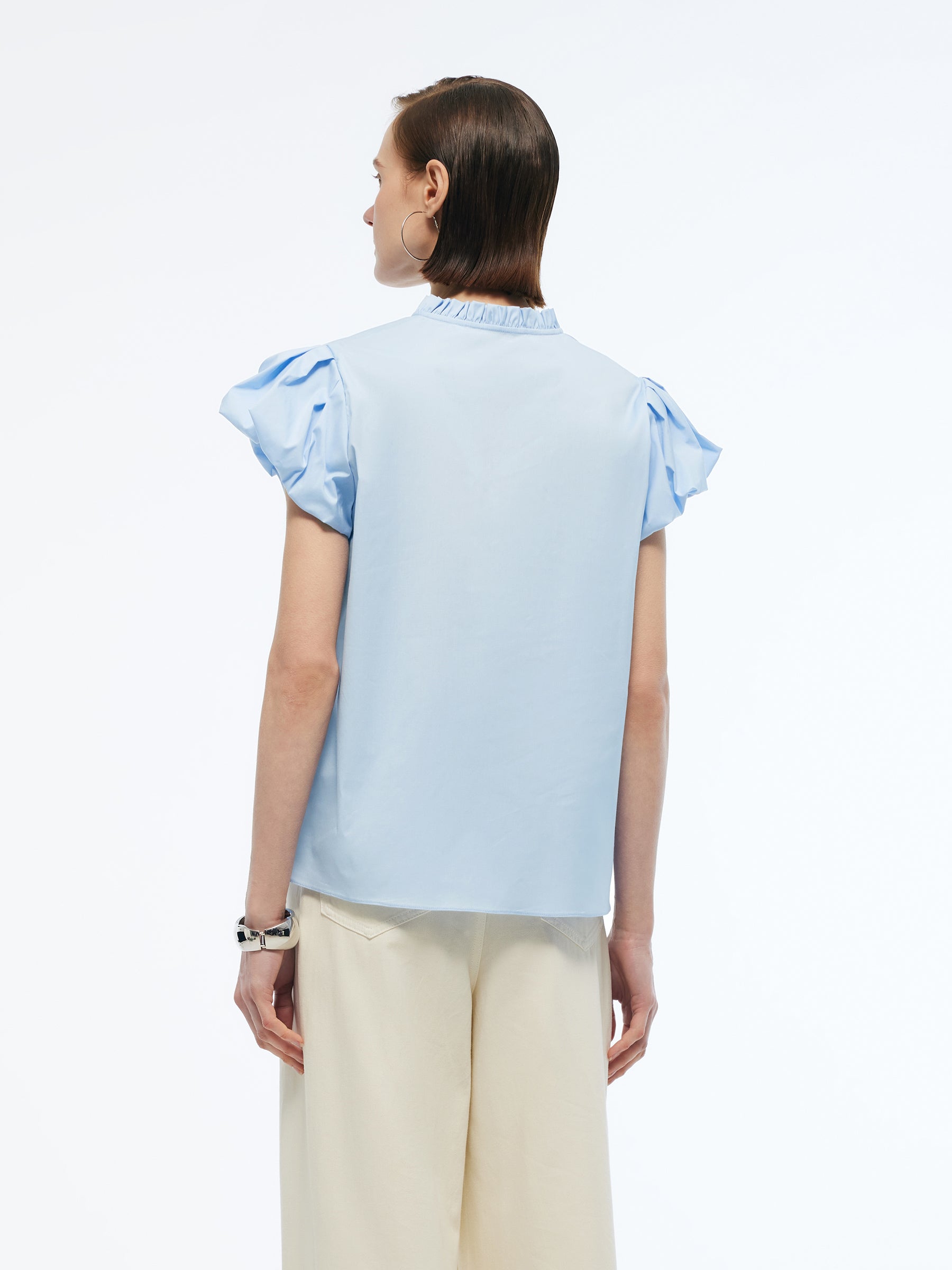 Ruffle Collar V-Neck Women Puff Sleeve Blouse