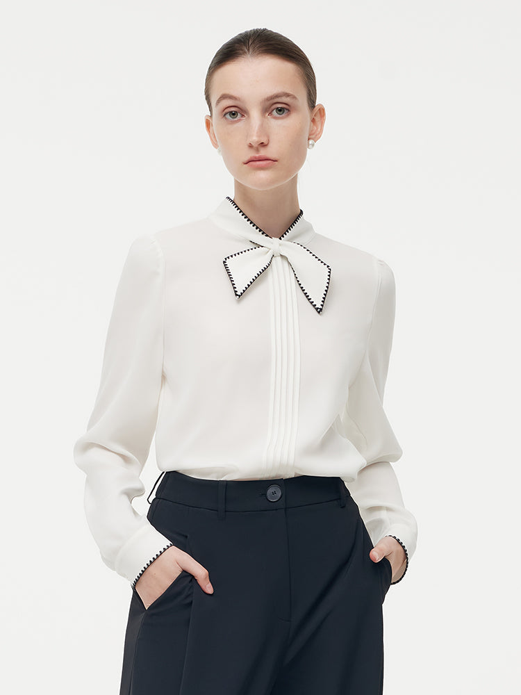 Acetate Contrast Bow Pleat Front Women Shirt