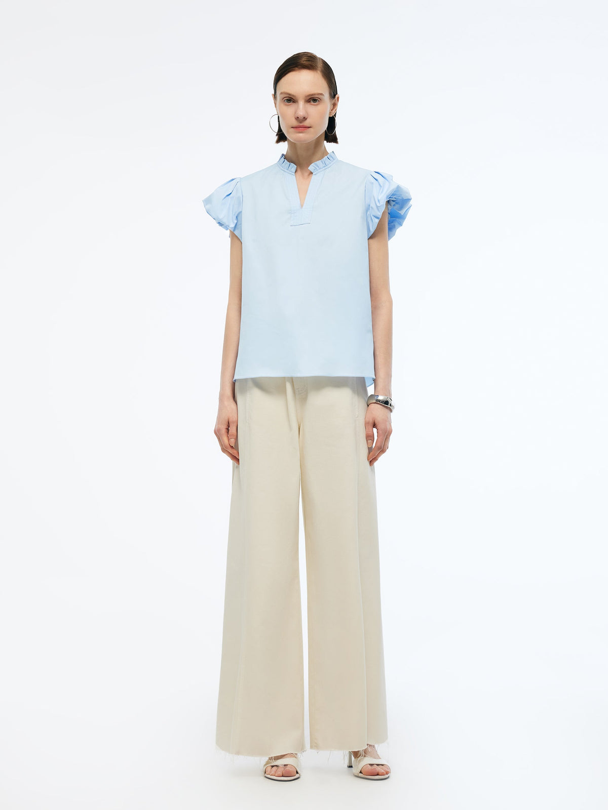Ruffle Collar V-Neck Women Puff Sleeve Blouse