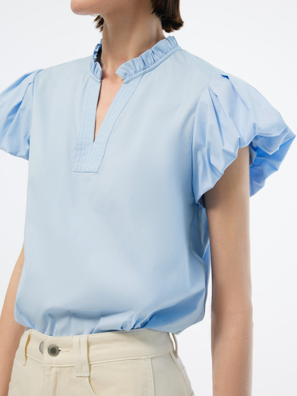 Ruffle Collar V-Neck Women Puff Sleeve Blouse