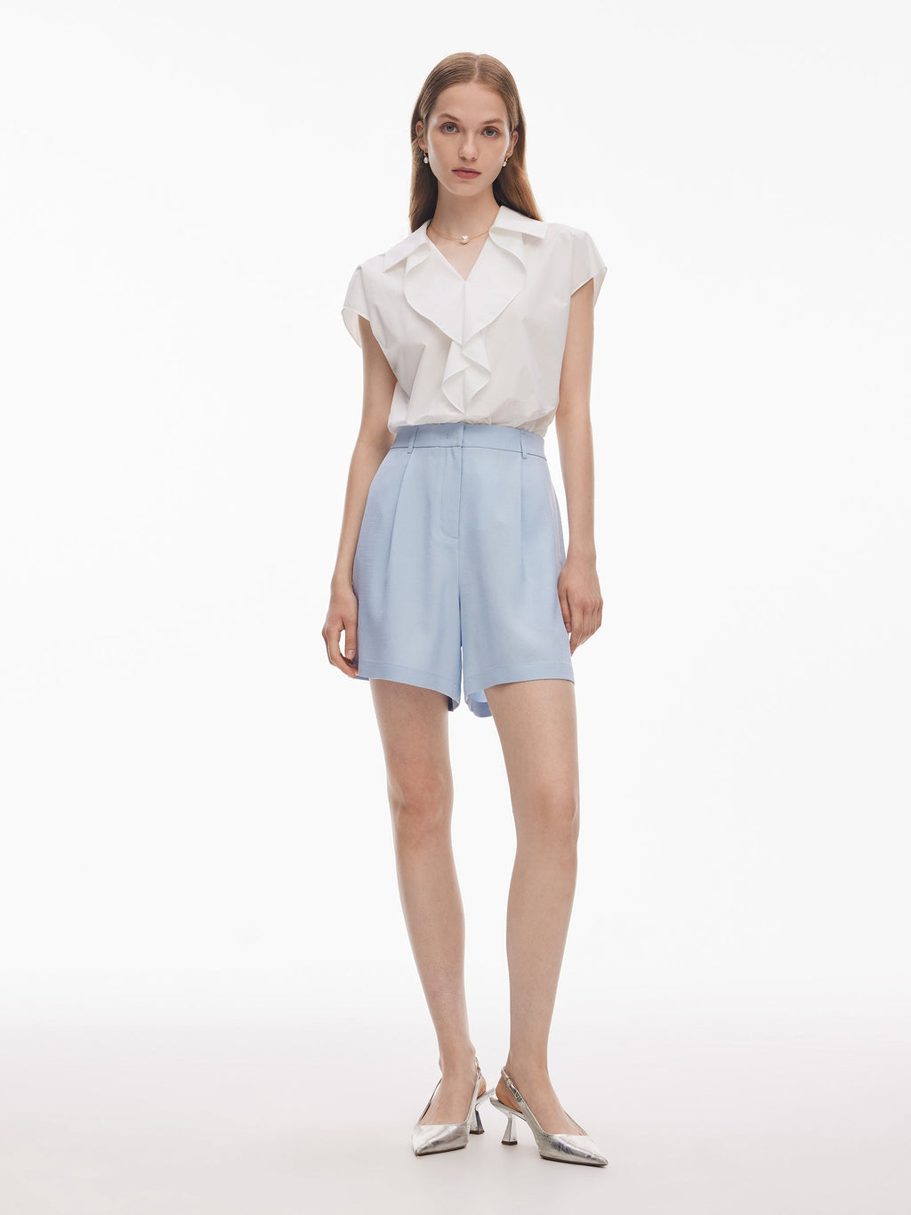 100% Cotton Ruffle Trim Women Blouse