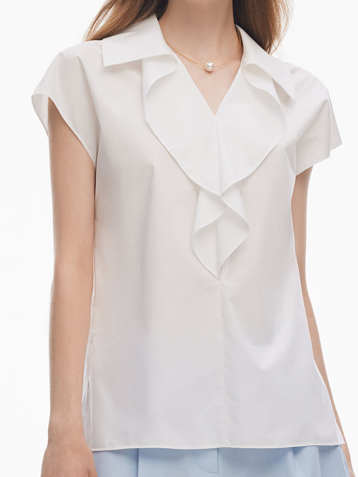 100% Cotton Ruffle Trim Women Blouse