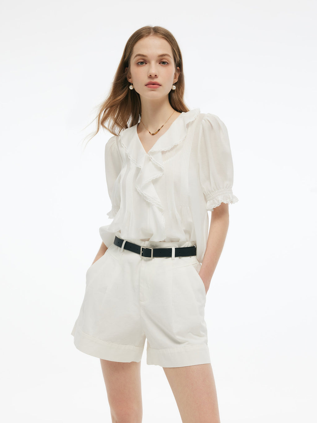 Acetate Blend Ruffle V-Neck Women Blouse