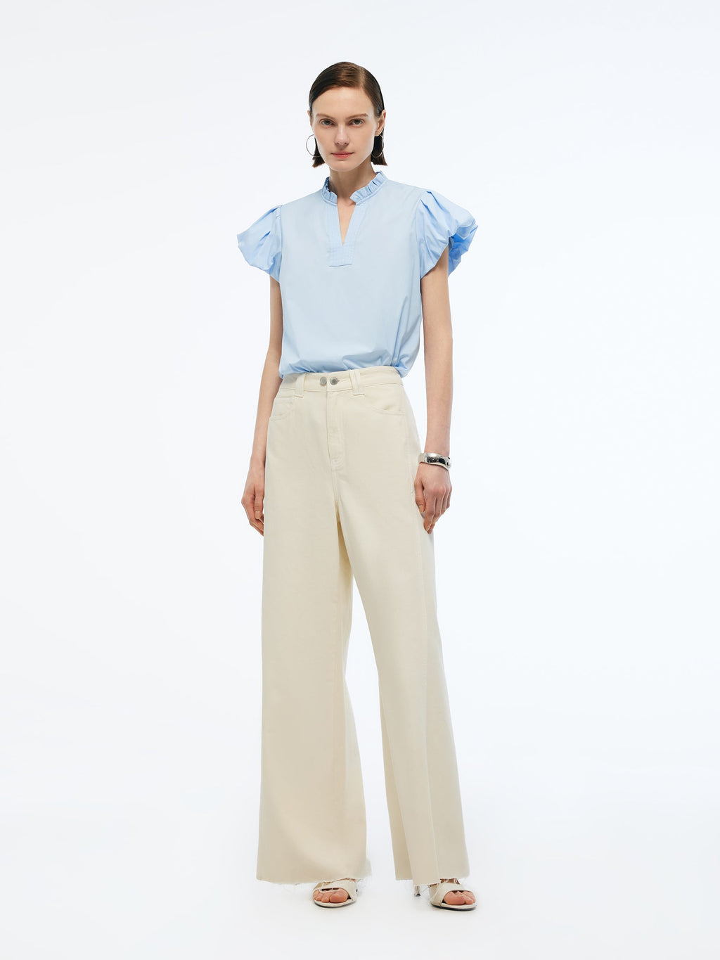 Ruffle Collar V-Neck Women Puff Sleeve Blouse