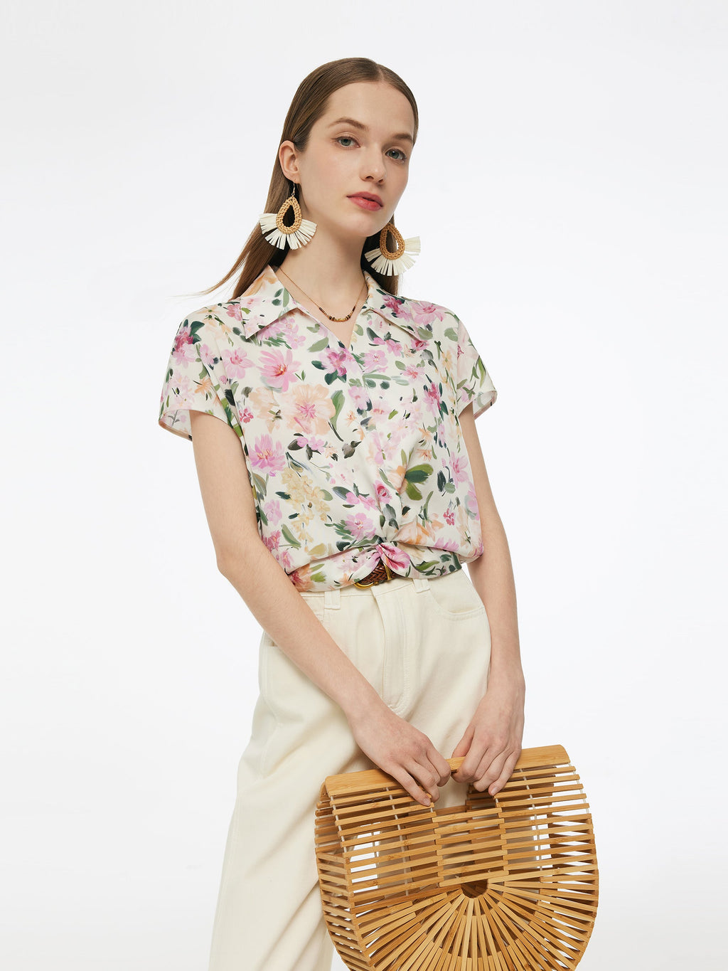 19MM Mulberry Silk Floral Print Women Twist Front Blouse