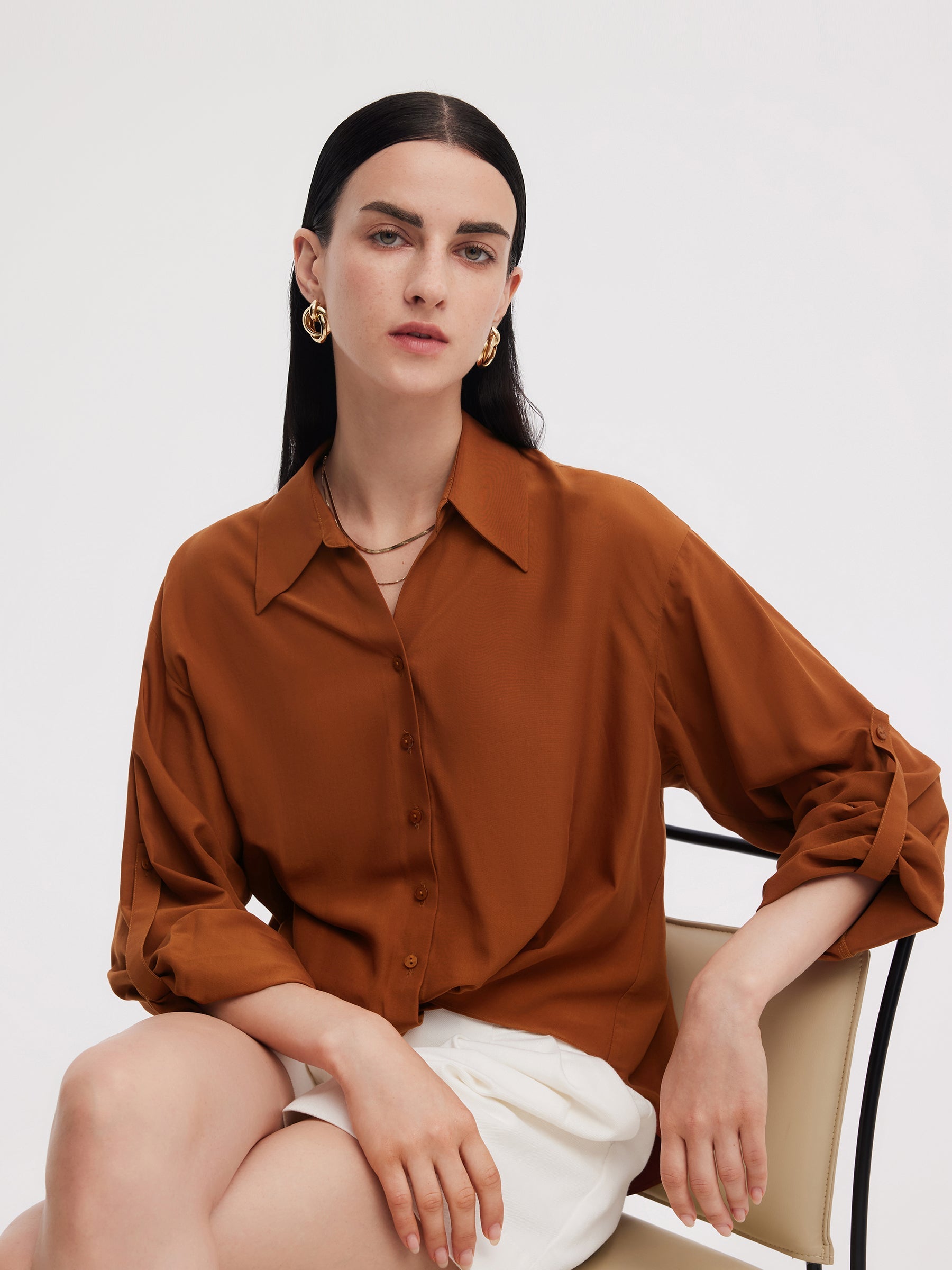 Tencel Acetate Blend Women Adjustable Sleeves Shirt