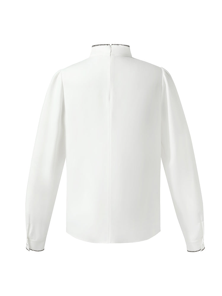 Acetate Contrast Bow Pleat Front Women Shirt