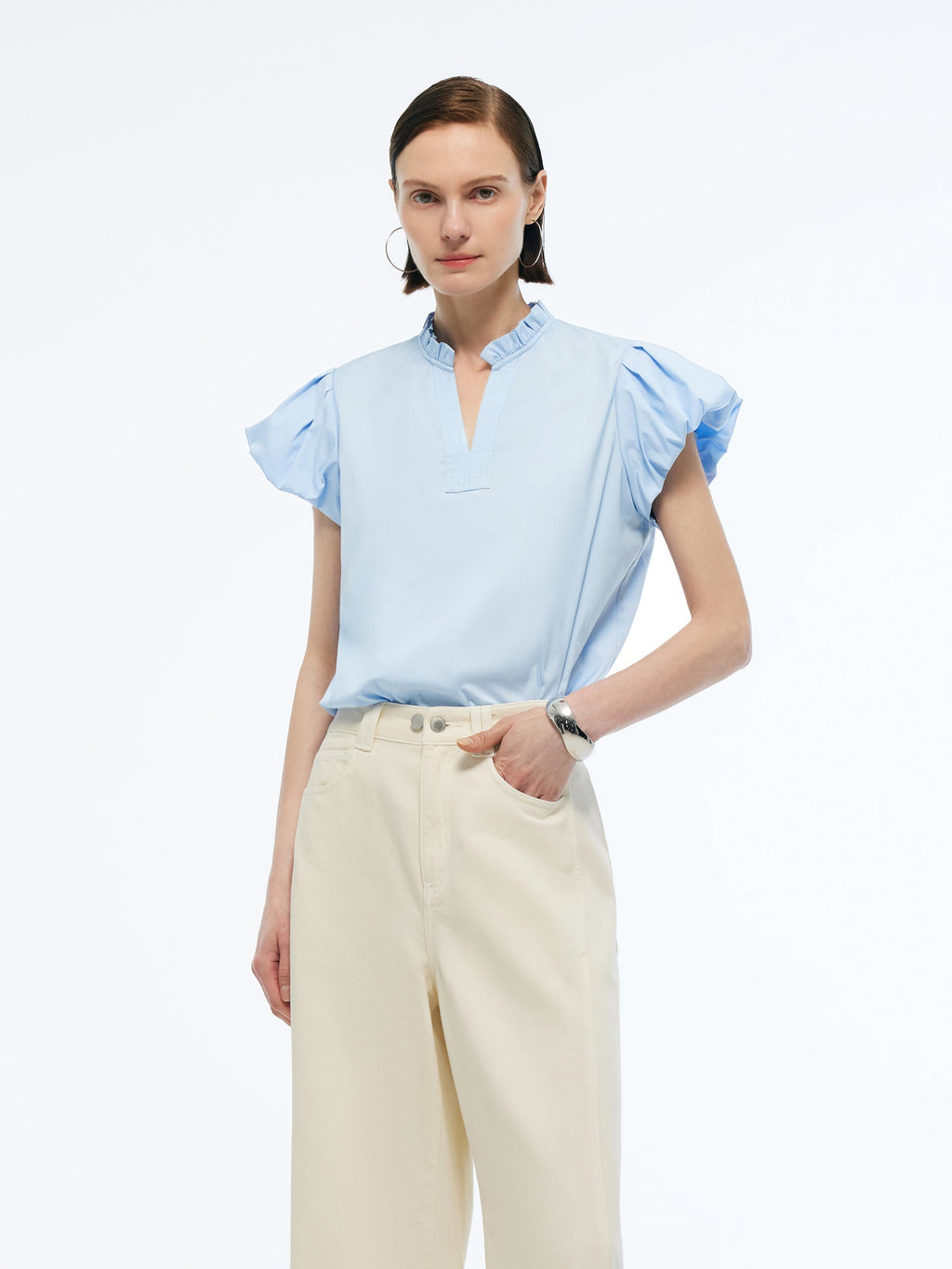 Ruffle Collar V-Neck Women Puff Sleeve Blouse