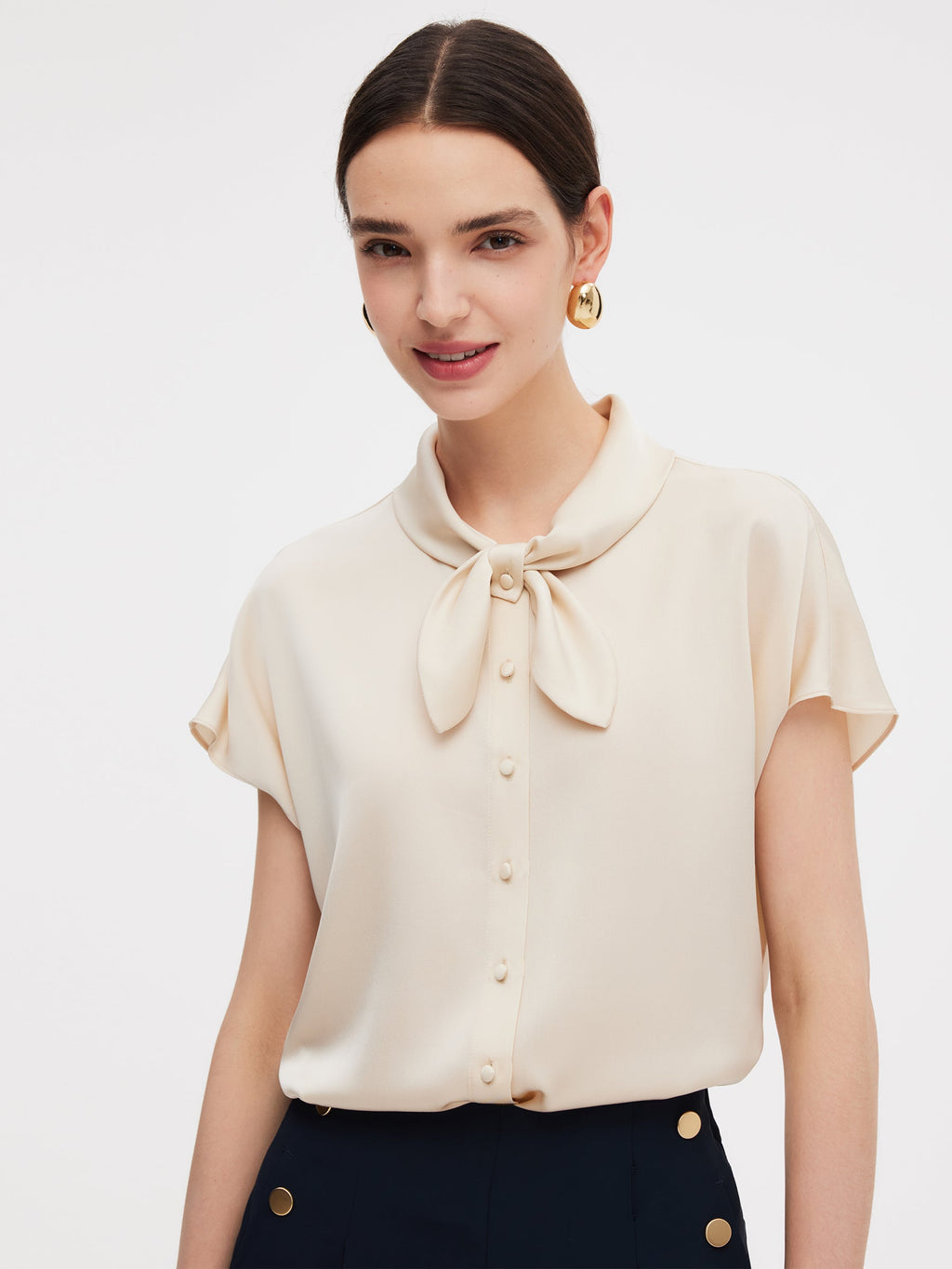 22MM Mulberry Silk Women Bow Tie Neck Shirt