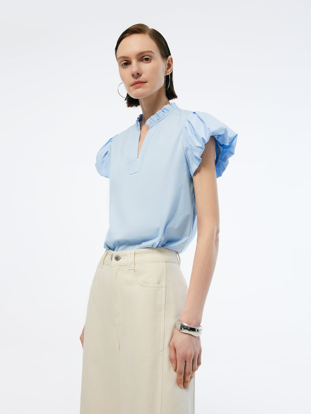 Ruffle Collar V-Neck Women Puff Sleeve Blouse