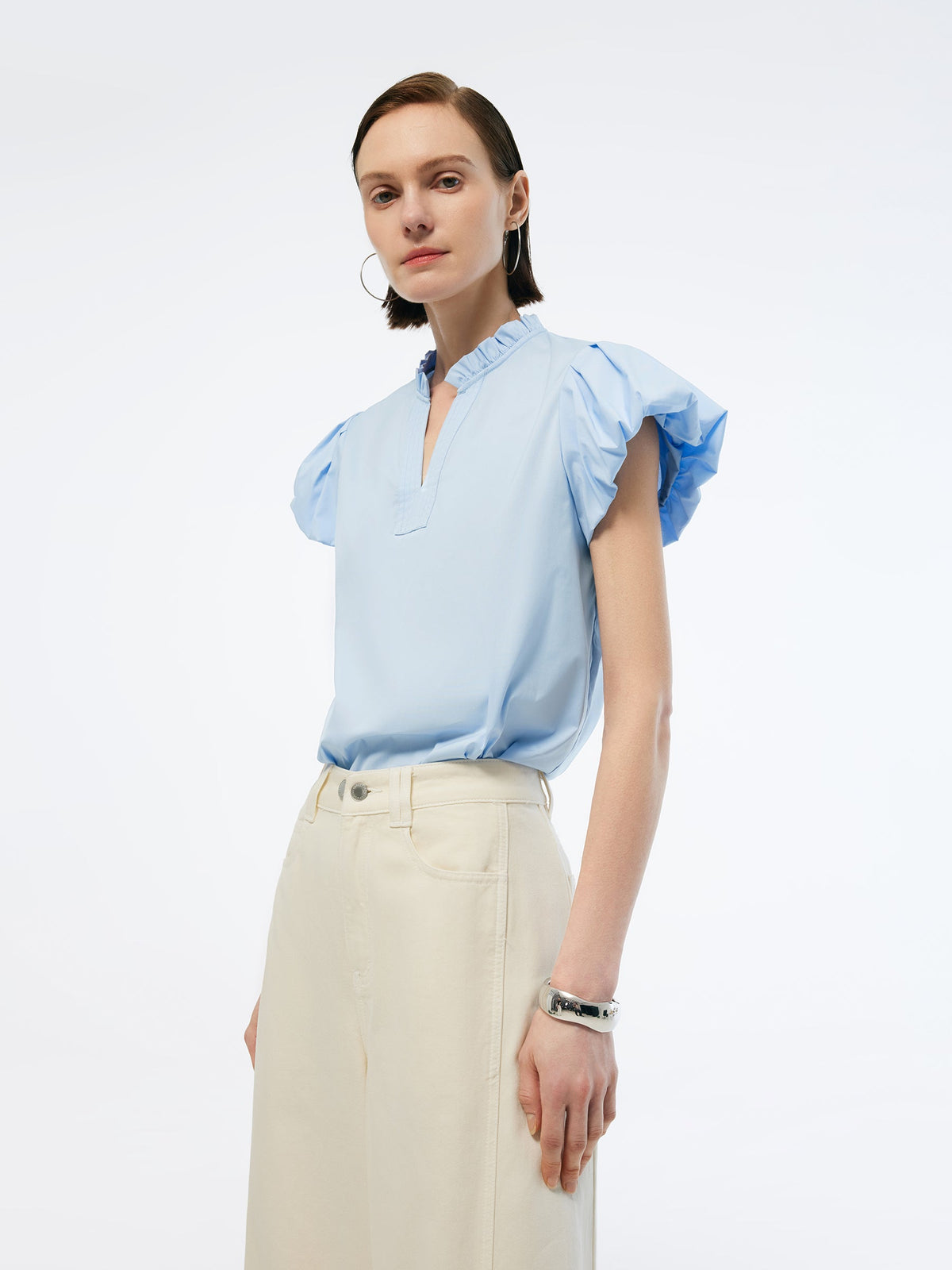 Ruffle Collar V-Neck Women Puff Sleeve Blouse